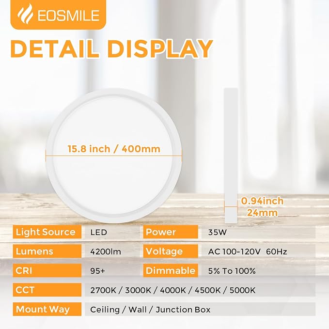 2Pack 15.8 Inch White LED Flush Mount Ceiling Light, 35W, 4200LM | 120lm/W, CRI95+, 2700K-5000K 5CCT & Dimmable, Round Flat Panel Light for Hallway, Kitchen, Bedroom, Laundry Room