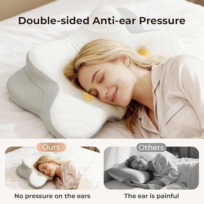 Cervical Pillow for Neck and Shoulder, Ergonomic Memory Foam Pillows for Sleeping, Dual Ear Relief Zone Contour Pillow,Support Pillow for Side Back Stomach Sleepers(White)