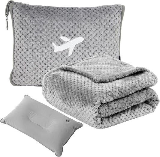 Travel Blanket Airplane Compact with Bag, Travel Essentials 3 in 1 Packable Airplane Blanket, Travel Pillow and Blanket Set, Inflatable Pillow, Luggage Sleeve & Backpack Clip (Light Grey)