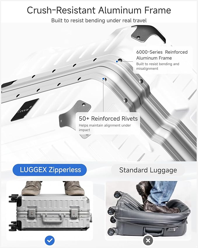 Carry On Luggage with Spinner Wheels, 8010S Aluminum Frame Zipperless Polycarbonate Hard Shell Suitcase (ZX-Core, Silver, 20 Inch)