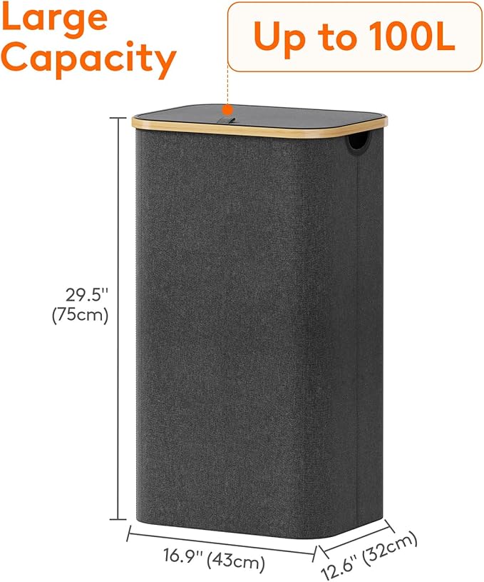 Lifewit 100L Laundry Basket with Lid, Clothes Hampers for Laundry with Bamboo Handles and 1 Removable Bag, Large Foldable Laundry Hamper for Bedroom, Bathroom, Dorm, Laundry Room, Dark Gray