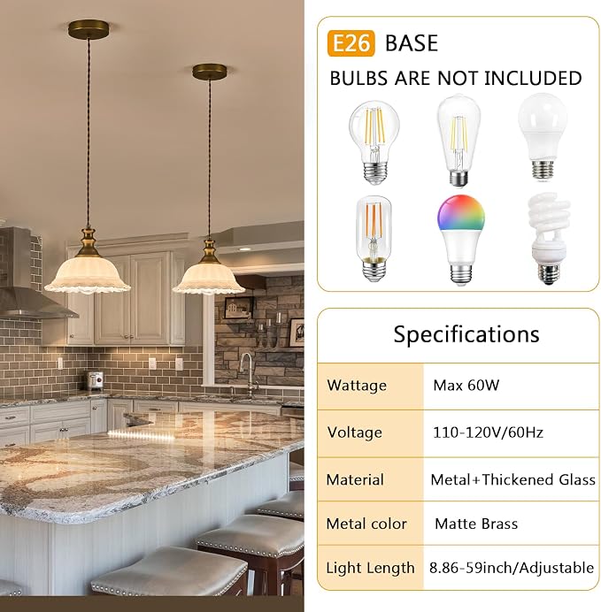 HDDFL Glass Pendant Lights Modern Pendant Lighting Fixtures Hanging Lamp for Kitchen Island Bedroom Dining Room Coffee Shop Hallway White and Brass 2 Pack