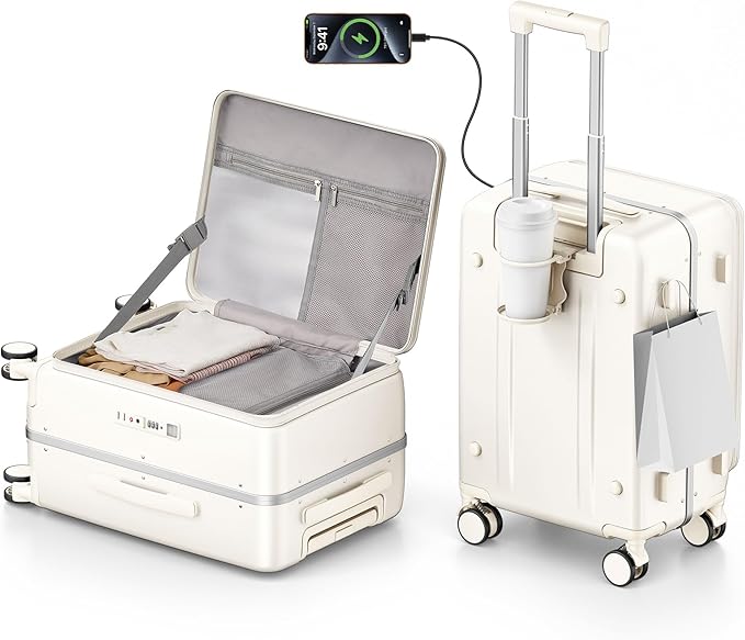 20IN Carry On Luggage,Top Opening Aluminum Frame Hardside 100% PC Airline Approved Suitcase -with TSA Lock,Cup Holder,USB Charge,Side Pothook, 360°Spinner Wheels-Milky White