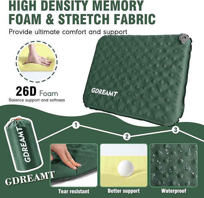 Inflatable Seat Cushion, Self-Inflating Memory Foam Stadium Seats Cushion Lightweight & Compact Chair Sitting Pad Airplane Cushion for Long Flight Travel Outdoor Camping Car Bleachers Office