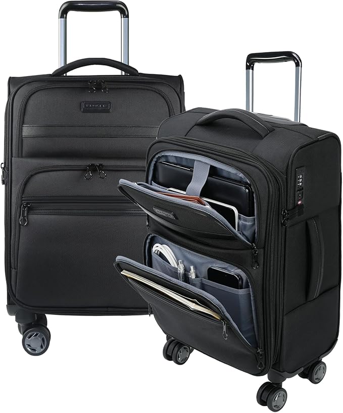KROSER Softside Expandable Carry On Luggage with Front Business Pockets，20 Inch Suitcases with Spinner Wheels & Built-in TSA Lock, Durable Suitcase Rolling Luggage with USB Port, Black