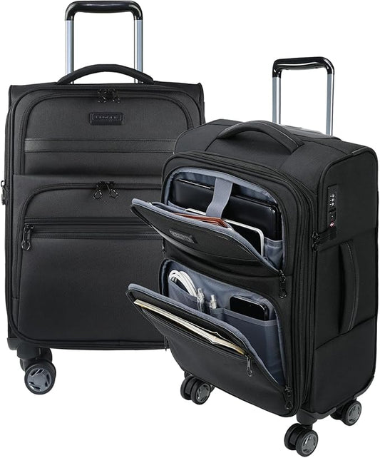 KROSER Softside Expandable Carry On Luggage with Front Business Pockets，20 Inch Suitcases with Spinner Wheels & Built-in TSA Lock, Durable Suitcase Rolling Luggage with USB Port, Black