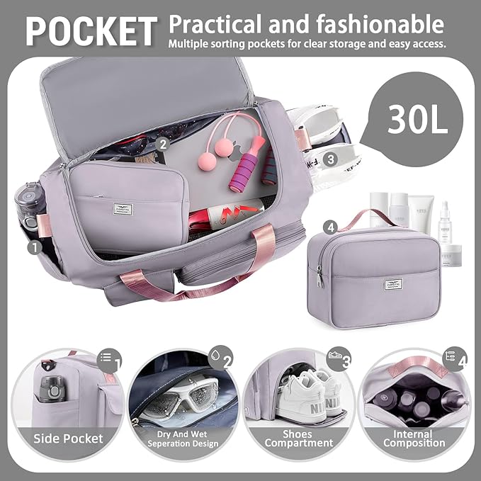 FIORETTO Women's Gym Duffle Bag with Shoes Compartment, 30L Capacity, Ideal for Travel, Gym, Sports, Duffel, Weekender