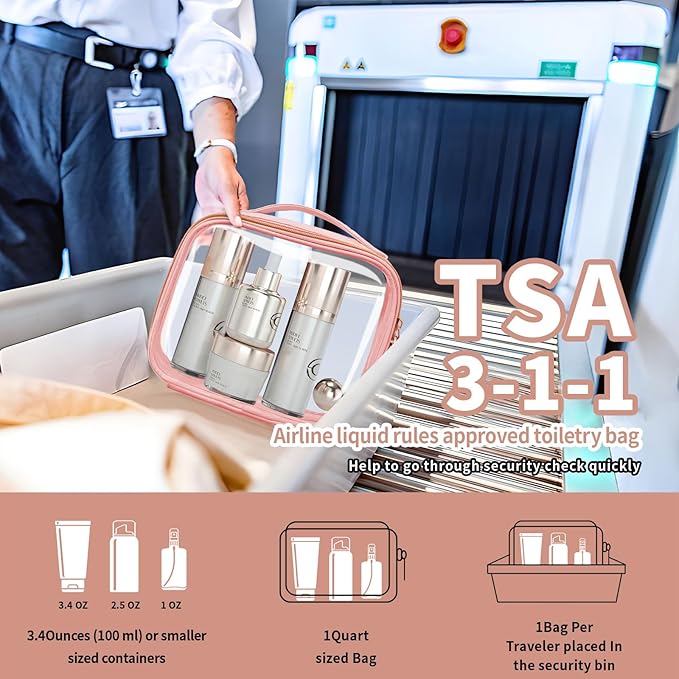 TSA Approved Travel Toiletry Bag,3 Pack Clear Makeup Bags with Handles,Quart Size Clear Cosmetic Bags for Traveling Women,Men,Carry on Airport Airline Compliant Bag,Pink
