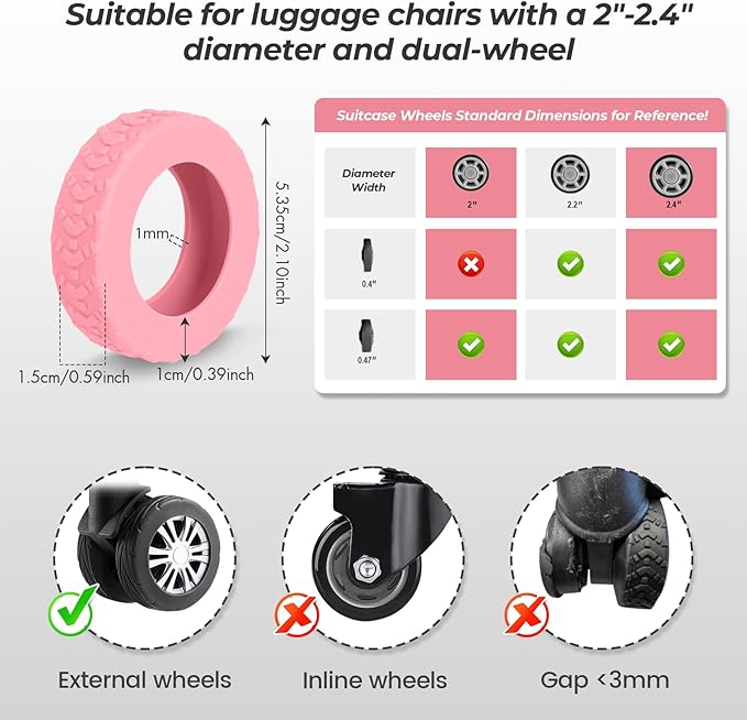 8 Pack Luggage Wheel Covers for Dual Spinner Wheels, Silicone Suitcase Wheel Protectors for 2.0"-2.4" Wheels, Noise Reducing & Anti-Scratch Tire Sleeves, Travel Accessories for Checked & Carry On