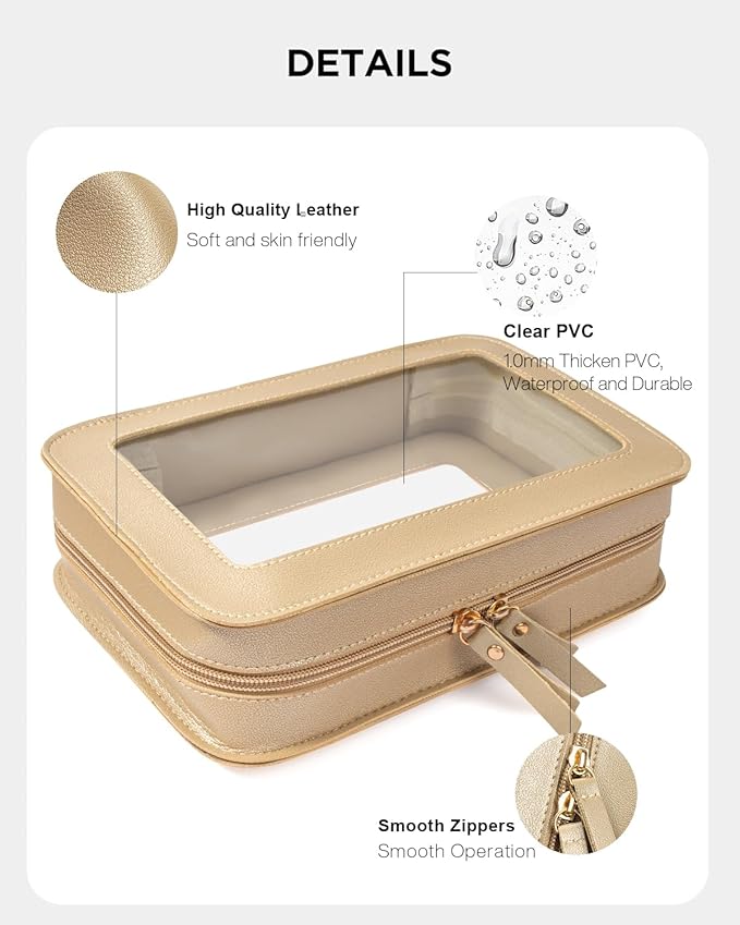 LETGO Clear Makeup Bags for Travel, TSA Approved Toiletry Bag with Zipper, Cosmetic Organizer Fit Carry-on, Car Accessories for Women Men (Clear-Golden)