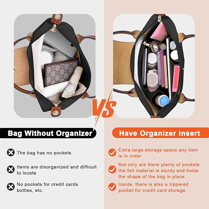 LOUKAYCCI Purse Organizer Insert for Longchamp Le Pliage M Handbag Insert Felt Long Champ Tote Bag Organizer Insert with Cup (Black, Medium)