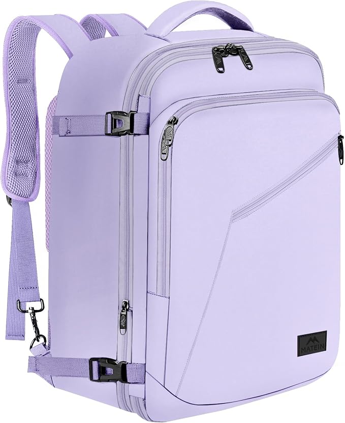 MATEIN Carry on Backpack for Women, 40L Heavy Duty Travel Backpack Airplane Approved, Expandable Simple Fashion Daypack, Frequent Traveler Gifts, Light Purple