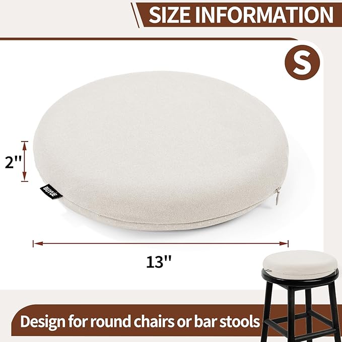 BUYUE Memory Foam Seat Cushion, Dia 13" Soft Velvet Round Stool Cushion Anti-Slip Chair Pads, S, Light Grey