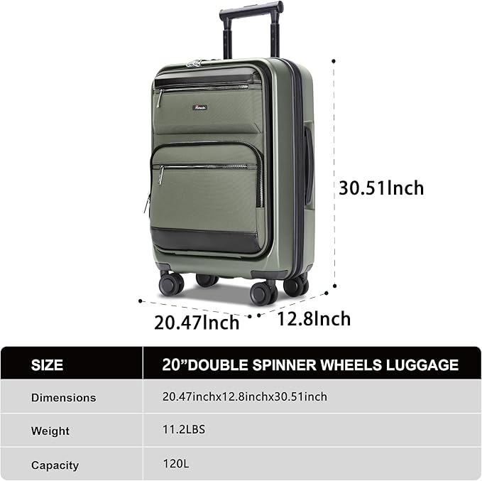 Luggage Sets 2 Piece, Carry On Luggage with Front Pocket & USB Port and 28 Inch Expandable Checked Luggage, Hybrid Soft Front & Hard Shell Suitcases with Spinner Wheels & TSA Lock, Green
