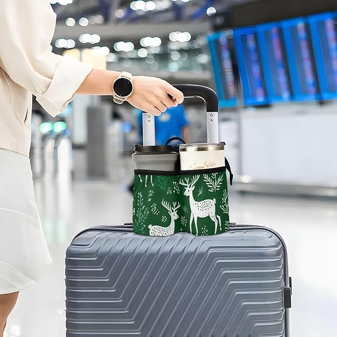 Green Christmas Deers Plants Luggage Cup Holder Travel Portable Free Hand Drink Carrier Suitcase Drinks Beverage Holder Carry-On Bottle Mug Holder Organizer Bag Travelers Accessories