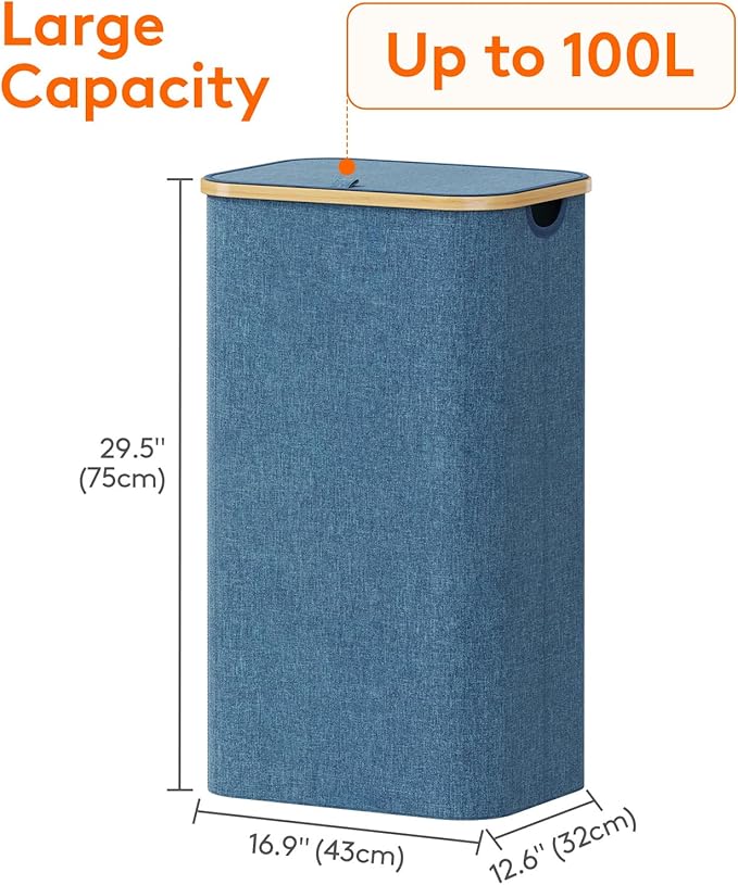 Lifewit 100L Laundry Basket with Lid, Clothes Hampers for Laundry with Bamboo Handles and 1 Removable Bag, Large Foldable Laundry Hamper for Bedroom, Bathroom, Dorm, Laundry Room, Dark Blue