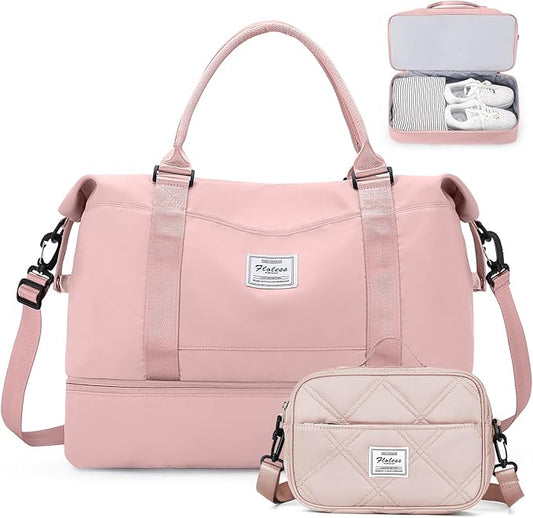 Weekender Bags for Women,Personal Item Travel Bag with Shoes Compartment,Overnight Travel Duffel Bag with Quilted Toiletry Bag,Pink