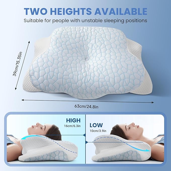 JINXIA Cervical Neck Pillow for Neck and Shoulder, Odorless Memory Foam Pillow with Soft Silk Cover, Ergonomic Orthopedic Neck Support Pillow for Side, Back & Stomach Sleepers - White