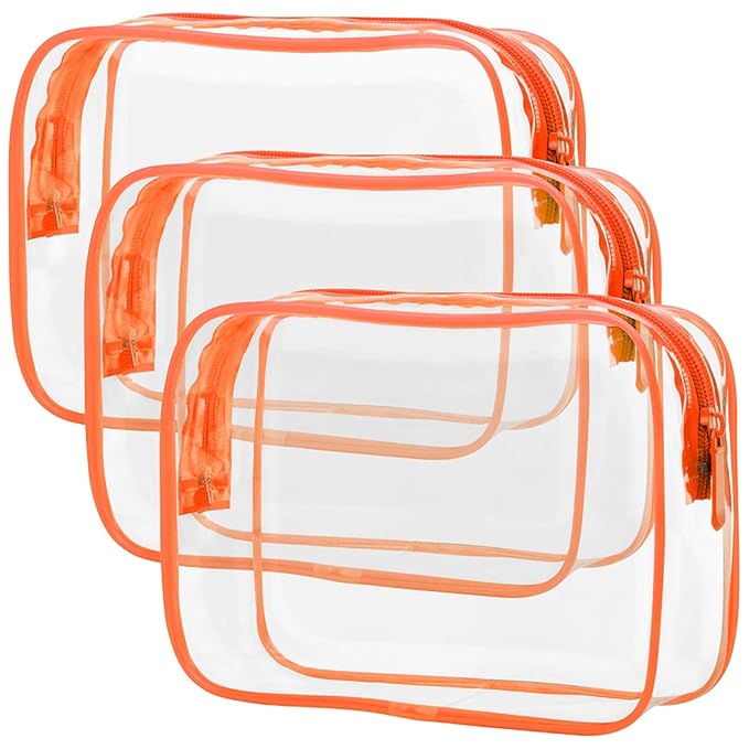 PACKISM Clear Makeup Bag with Zipper, 3 Pack Beauty Clear Cosmetic Bag TSA Approved Toiletry Bag, Travel Toiletry Bag, Quart Size Bag Carry on Airport Airline Compliant Bag, Orange