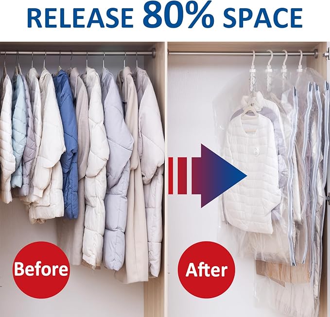 Hanging Vacuum Storage Bags, 6 Pack Hanging Storage Bags for Clothes With Electric Pump, Vacuum Sealed for Suits, Dress, Jackets (6 Long)