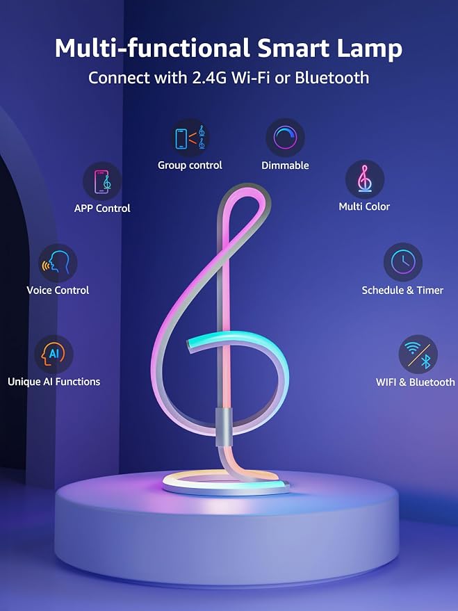 Lepro TB2 AI Smart Table Lamp, RGB+IC Modern Treble Clef Spiral Desk Light | Music Sync, Segmented DIY, Works with Alexa Google Home, APP Control LED Color Changing Mood Lighting, 2.4 GHz WiFi/Bluetooth