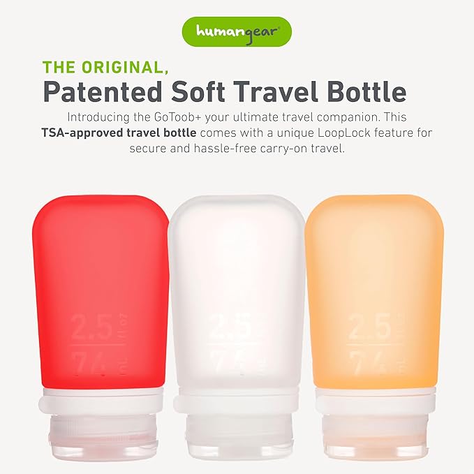 humangear GoToob+ Refillable Silicone Travel Size Bottles with Locking Cap, 3pk Set, Clear/Red/Orange, Medium (2.5oz),HG3185