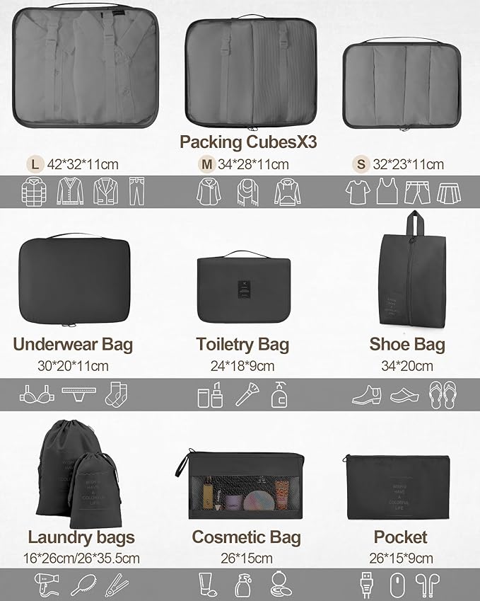 Packing Cubes 10 PCS, Mesh Breathable Luggage Organizers Bags, Packing Organizers, Durable Travel Essentials Bags Set, Travel Packing Organizers, Black