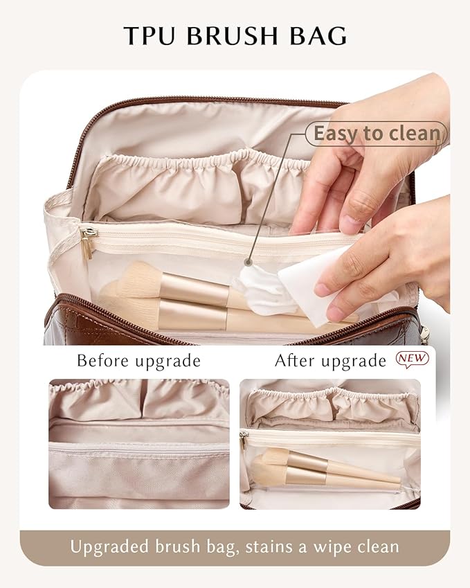 Makeup Bag, Travel Cosmetic Bags toiletry bag for Women, Waterproof PU Leather Make Up Pouch Organizer Travel Essentials Organizer with Divider (Brown)