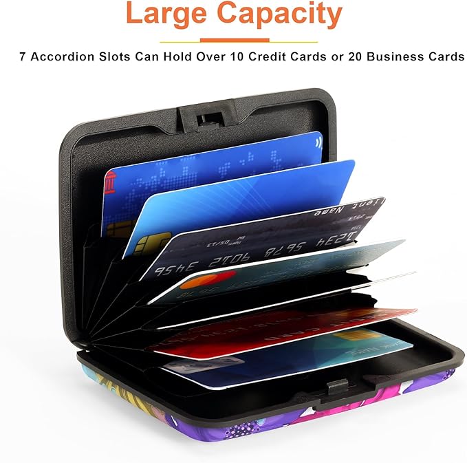 Mayski Credit Card Holder, RFID Blocking, Aluminum Alloy Hard Case, Small Mini Business Metal Wallet for Women Men, Colorful Flowers
