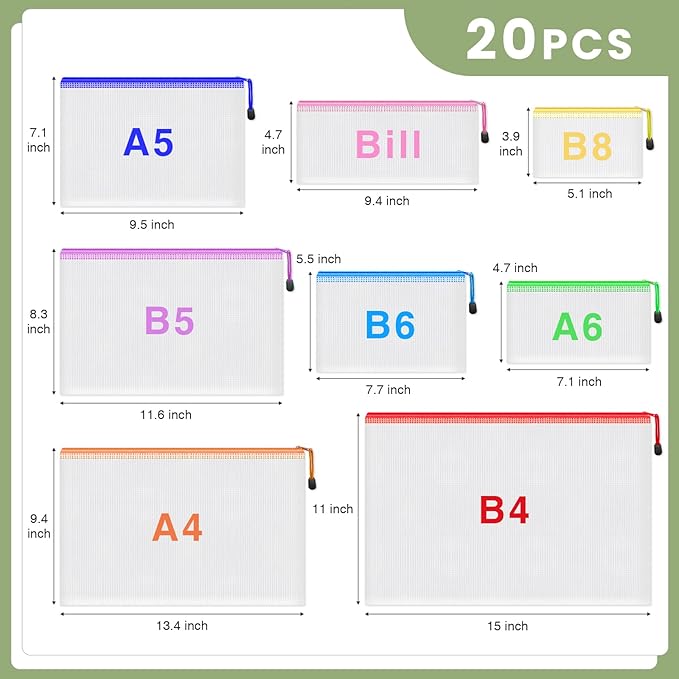 Smarpau 20pcs Mesh Zipper Pouch, 8 Sizes Plastic Zipper Pouches for Organizing, 8 Colors Waterproof Plastic Document Bags for Board Game Storage, Travel, Office Supplies