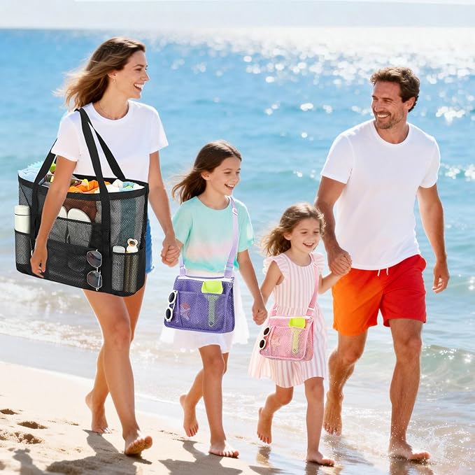 Fammart Mesh Beach Bag, Large Beach Tote with Zipper Pocket, Toys Pool Bag for Family Travel Vacation Cruise Essentials