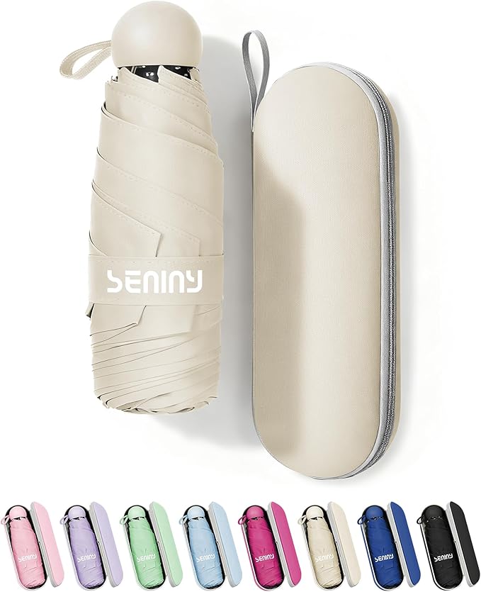 Seniny Mini Portable Travel Umbrella with Case - Compact Umbrellas for Rain & Sun UV Protection for Backpack Pocket, Lightweight Folding Small Umbrella, Tiny Purse Size UV Blocker for Kids Women Girls