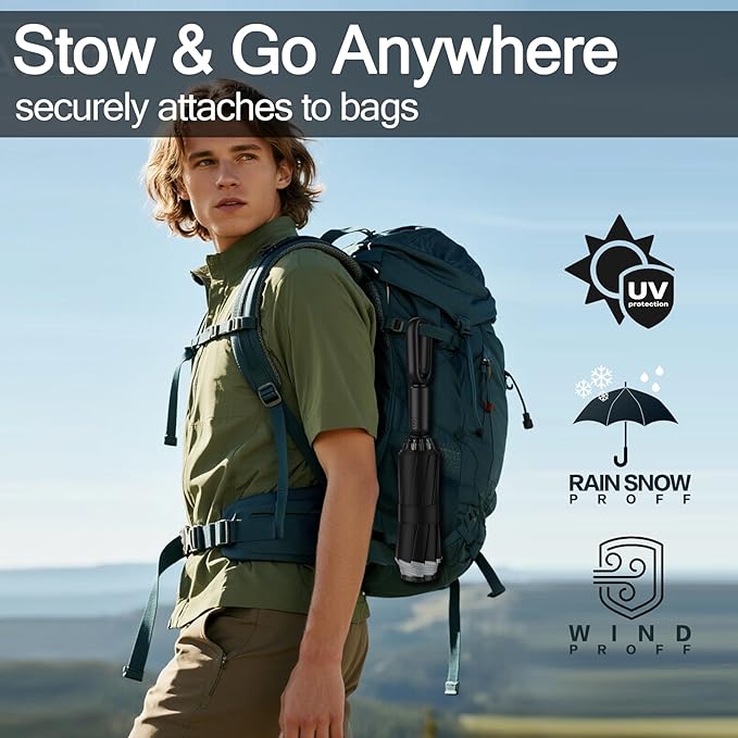 Windproof Compact Travel Umbrella,Large Strong but Light Portable and Automatic Folding Rain Umbrella, small inverted for travel size