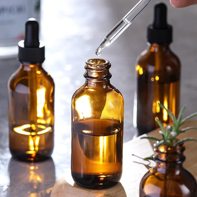 4 Pack, 1 oz Thick Dark Amber Glass Dropper Bottles with 1 Funnels & 4 Labels - 30ml Tincture Bottles with Eye Dropper - Leakproof Essential Oils Bottle - Storage and Travel for Beauty or Health