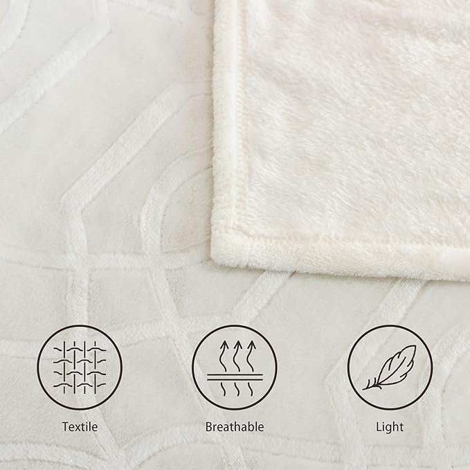 Soft Cozy Fleece Queen Size Blanket, 90x90 Inches – Lightweight Plush Blanket for Bed, Fuzzy 3D Jacquard Design - Ivory White