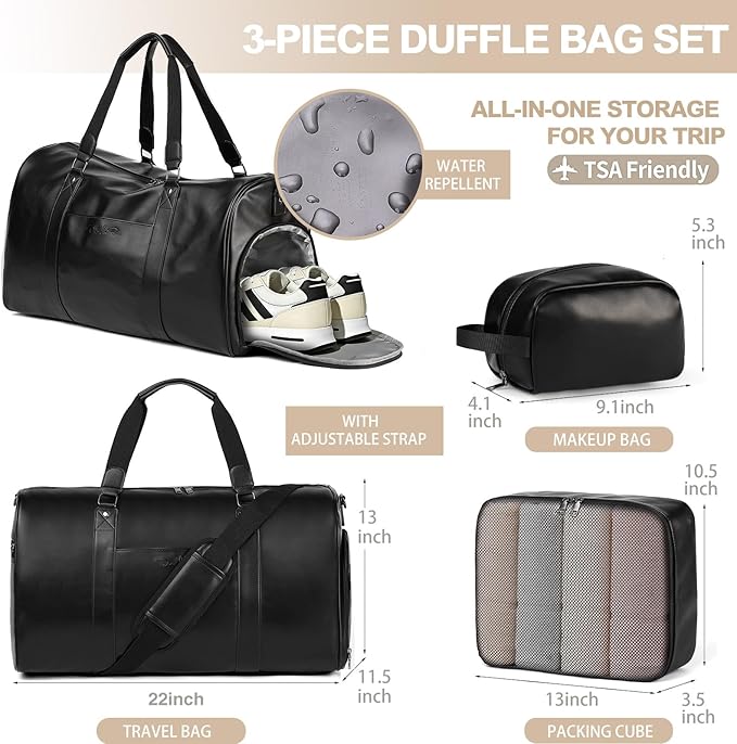 Large 3-in-1 Leather Duffle Bag for Travel Weekender Overnight Hospital Gym Bag for Men & Women, Carry On Airline Approved Personal Item Duffel Garment Bag Luggage with Shoe Compartment & Toiletry Bag