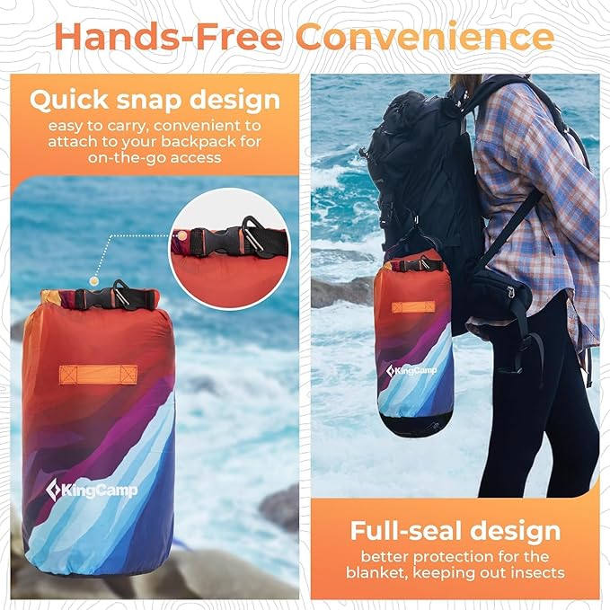 KingCamp Ultralight Camping Blanket, Packable Down Alternative Puffy Printed Wearable Blanket with Snap Buttons & Corner Loops Weatherproof Quilt for Outdoor Travel Stadium (78.7"L x 57.1"W, PEAK)