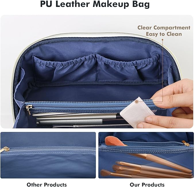 Prite Makeup Bag for Women Travel Waterproof Vegan Leather Cosmetic Bag Open Flat Toiletry Bag With Clear Divider and Handle (Large Blue Flower)