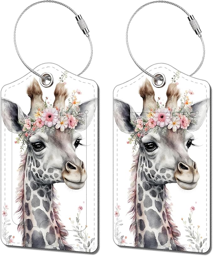 2 Pack Luggage Tag for Suitcase, Cute Unique Leather Bag Tags Identifiers Privacy Cover ID Label with Durable Steel Loop for Women Men Kids Girls Travel，GiraffeE