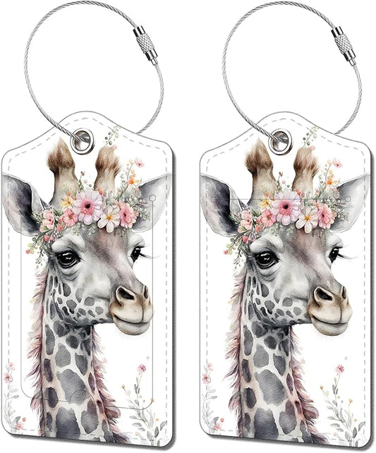 2 Pack Luggage Tag for Suitcase, Cute Unique Leather Bag Tags Identifiers Privacy Cover ID Label with Durable Steel Loop for Women Men Kids Girls Travel，GiraffeE