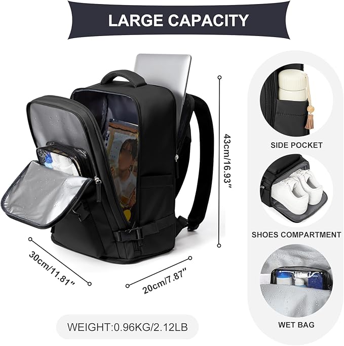 coowoz Travel Backpack For Women Men Airline Approved,Black Carry On Backpack,Large Hiking Laptop College Backpacks Waterproof Outdoor Sports Rucksack Casual Daypack Fit 15.6 Inch Backpacks