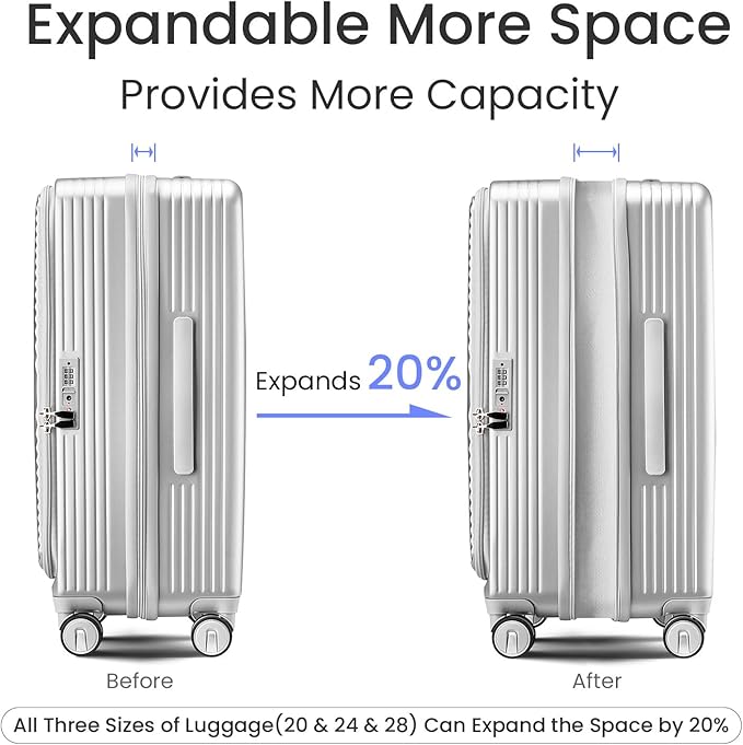 3 Piece Luggage Set 100% PC Hardshell, Front Opening Expandable Suitcase (20/24/28) with Laptop Compartment & Free Custom PVC Covers, Trunk Style Lightweight Spinner Wheels TSA Lock (Silver)