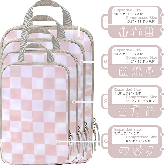 WOOMADA Compression Packing Cubes for Suitcases Travel Essentials 4 Set Expandable Travel Bags Organizer for Luggage(pink checkerboard)