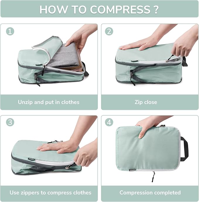 CherryNow Compression Packing Cubes, 7 Set Packing Cubes for Travel, Travel Essentials for Suitcase, Luggage Organizer Bags for Travel with Shoe Bag, Grey Blue