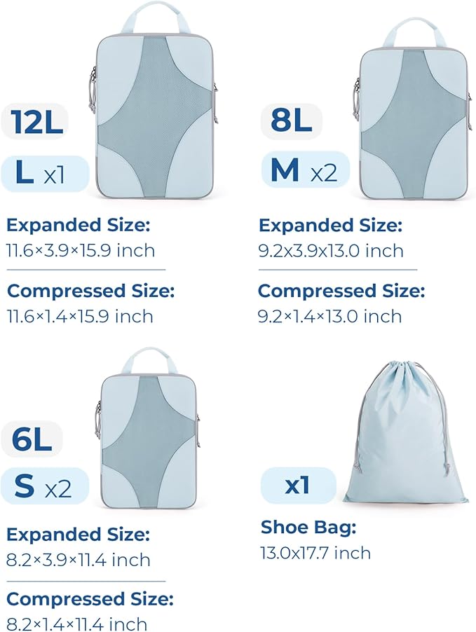 BAGSMART Compression Packing Cubes for Travel, Compressible Luggage Organizer for Cruise Ship, Lightweight Travel Essentials 6-Pack 1L+2M+2S+1Shoe Bag