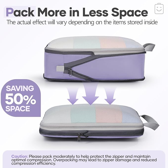 Veken 11 Set Compression Packing Cubes for Travel Essentials,Compressible Expandable Large Luggage Suitcase Organizer Bags for Clothing,Durable Space Saver Storage Bags with Toiletry Bags(Purple Gray)