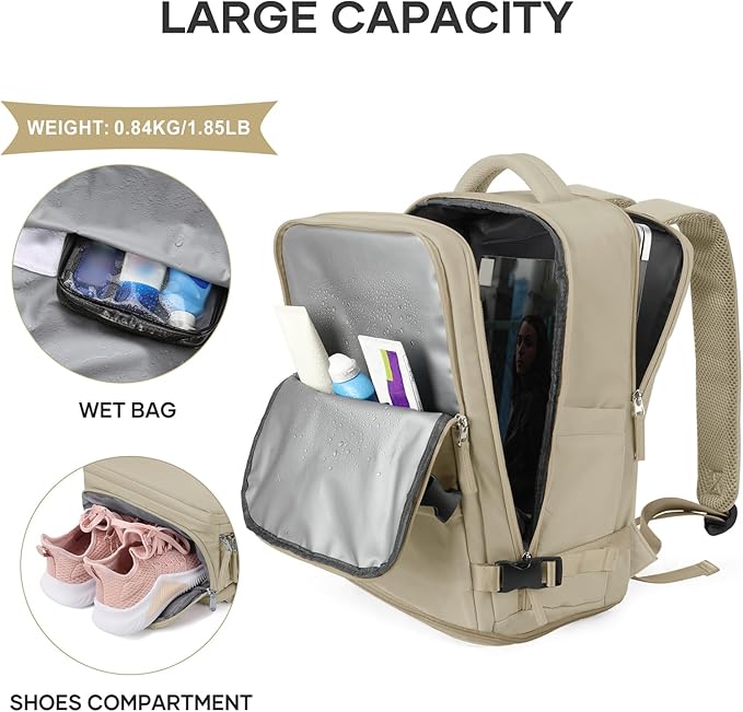 coowoz Large Travel Backpack For Women Men,Carry On Backpack Flight Approved,Hiking Backpack Waterproof Outdoor Rucksack Casual Daypack Fit 15.6 Inch Laptop Shoes Compartment (Khaki-L)