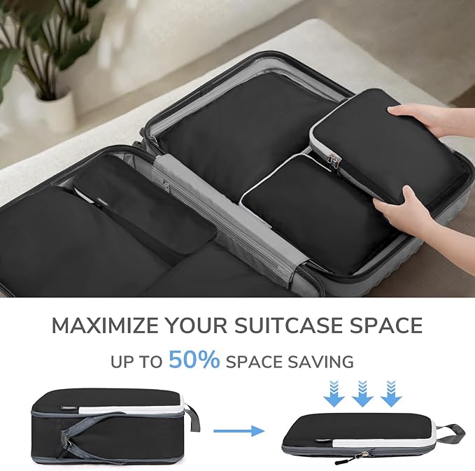 CherryNow Compression Packing Cubes, 7 Set Packing Cubes for Travel, Suitcase Organizers, Luggage Essentials, Travel Bags for Shoes, Clothing, Black