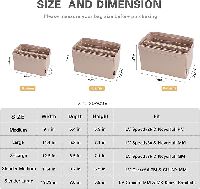 Purse Organizer Insert, Handbag Organizer with Zipper, Tote Shaper with Cup Holder & Keychain, Compatible with LV, Neverfull, MK, COACH, Longchamp, Kate Spade– Khaki-Sl. Med