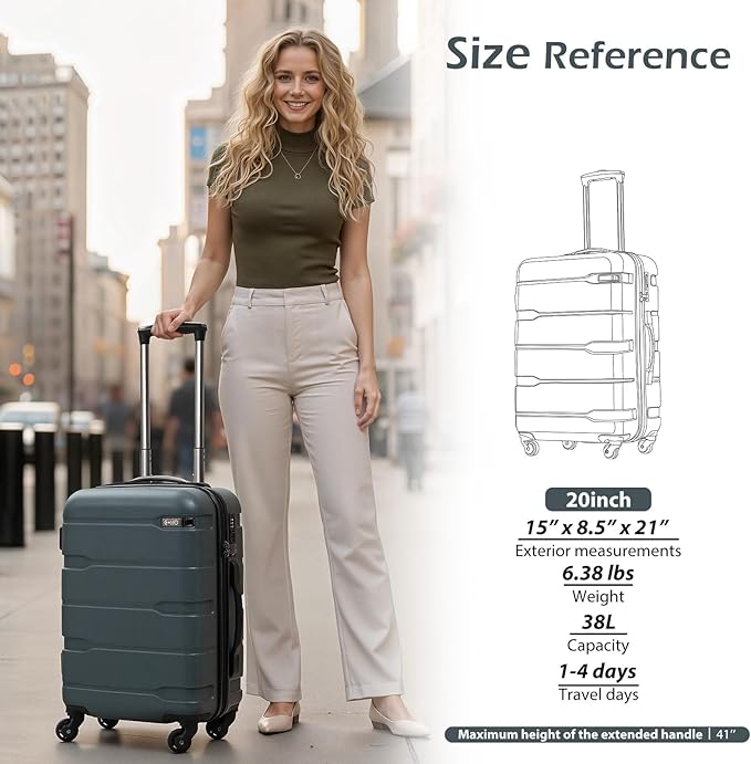 Coolife Carry On Luggage 22x14x9 Airline Approved Hardside PC+ABS Suitcase with TSA Lock, Lightweight Rolling Travel Luggage with Spinner Wheels(Teal, 20in)